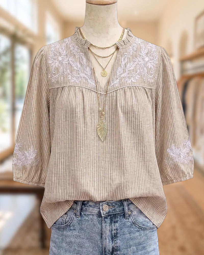 Floral Embroidery & Striped V Neck 3/4 Sleeve Retro Blouse