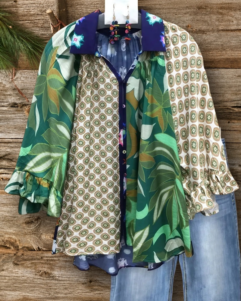 Patchwork Feminine Ruffle Sleeve Button Up Blouse