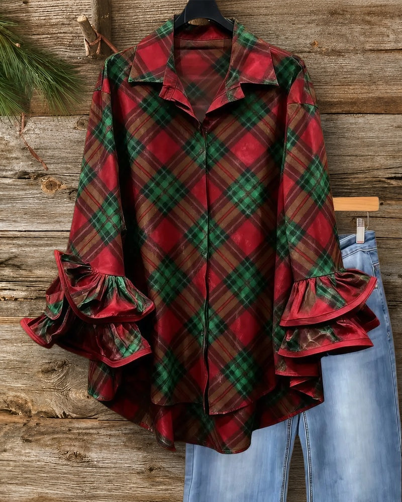 Plaid Velvet Stylish Ruffle Sleeve Button Up Blouse