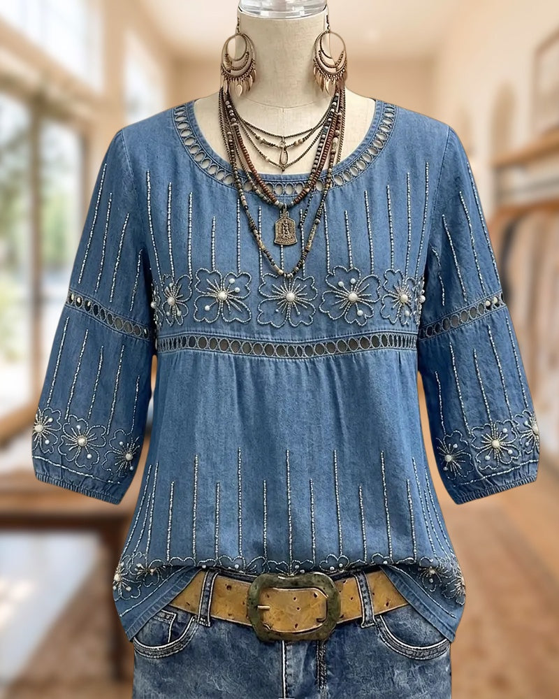 Floral Embroidery Cutout Eyelet Trim 3/4 Sleeve Blouse