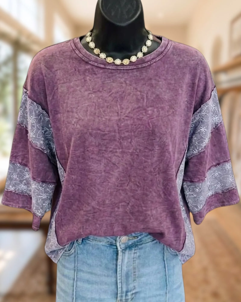 Washed Patch Embroidered Half Sleeve Crew Neck Loose T-shirt