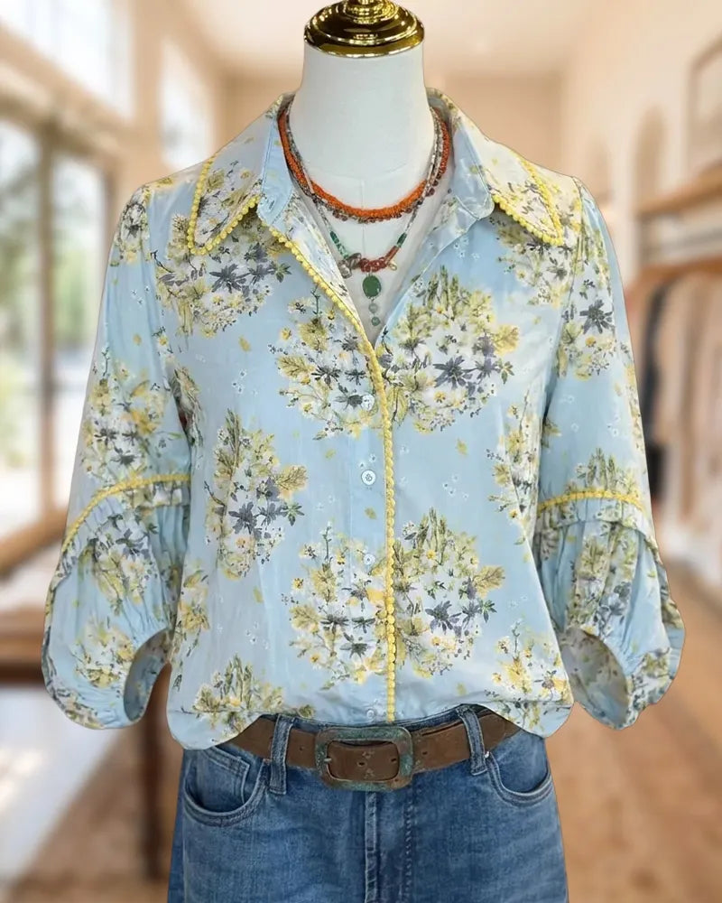 Floral Print Contrast Trim Ruffled Sleeve Collared Blouse