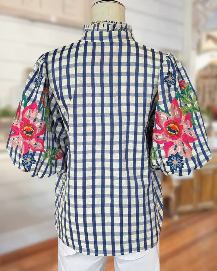 Checked Floral Embroidered Puff Sleeve V Neck Casual Blouse