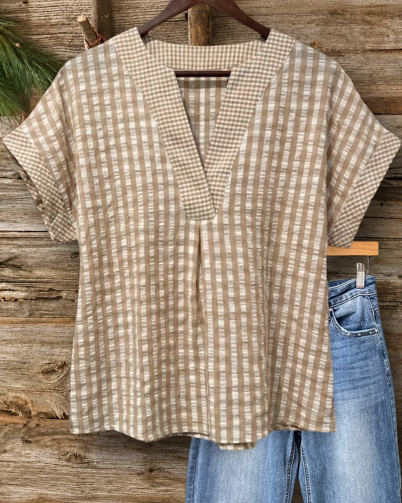 Plaid V Neck Short Sleeve Front Pleat Loose Blouse