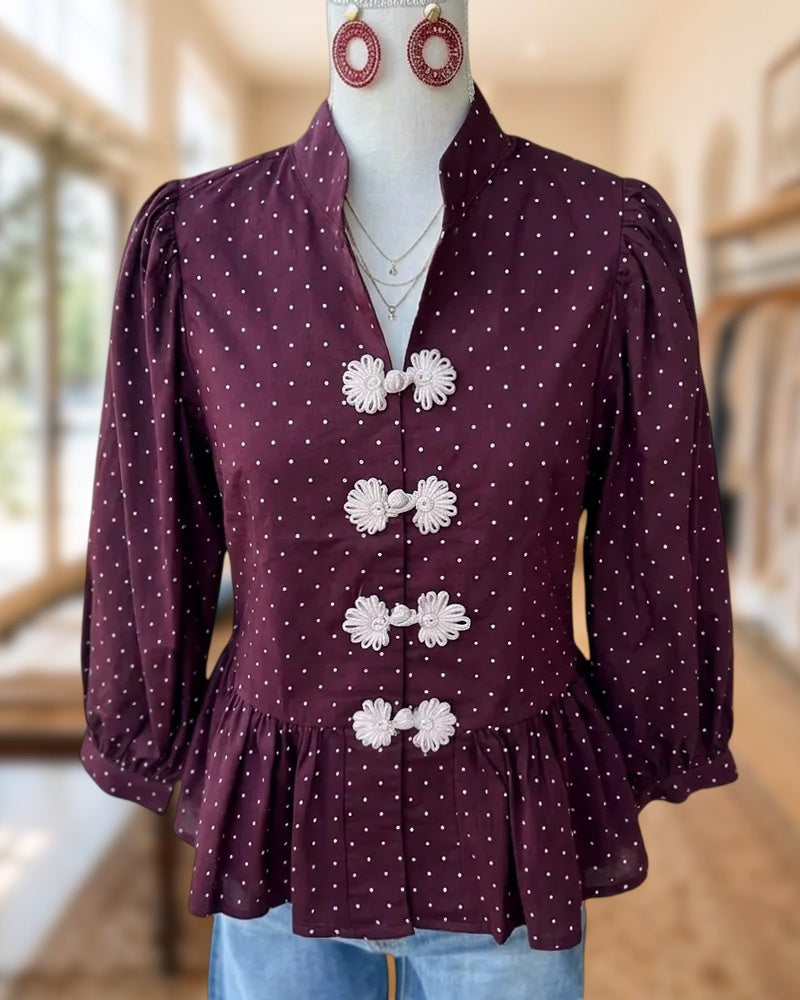 Polka Dot V Neck Frog Button Peplum Puff Sleeve Blouse