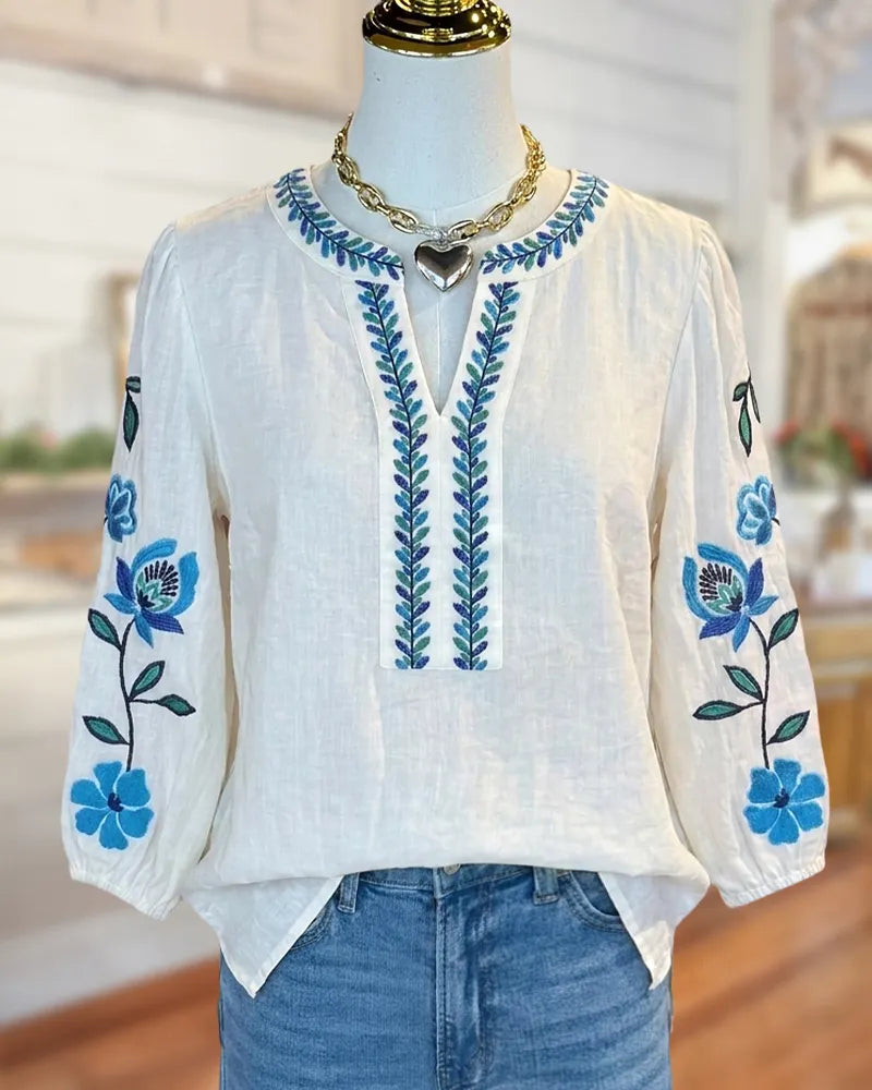 Floral Embroidered Split Neck 3/4 Sleeve Casual Loose Blouse