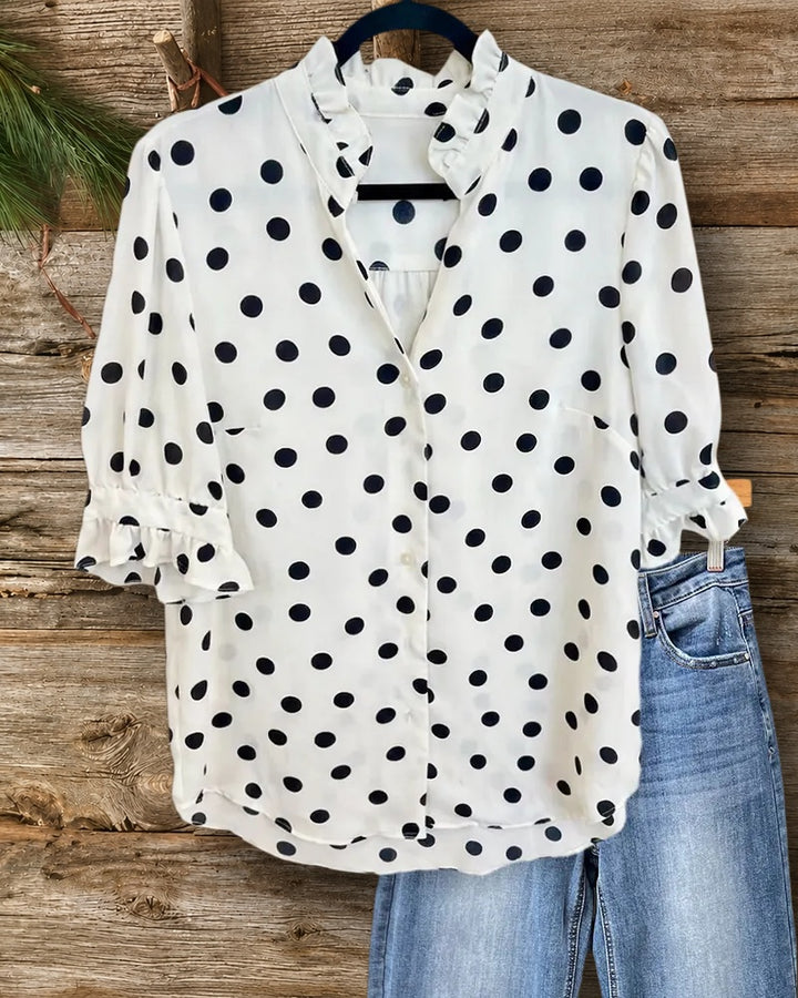 Polka Dot Ruffle Trim Puff Sleeve Button Front Blouse