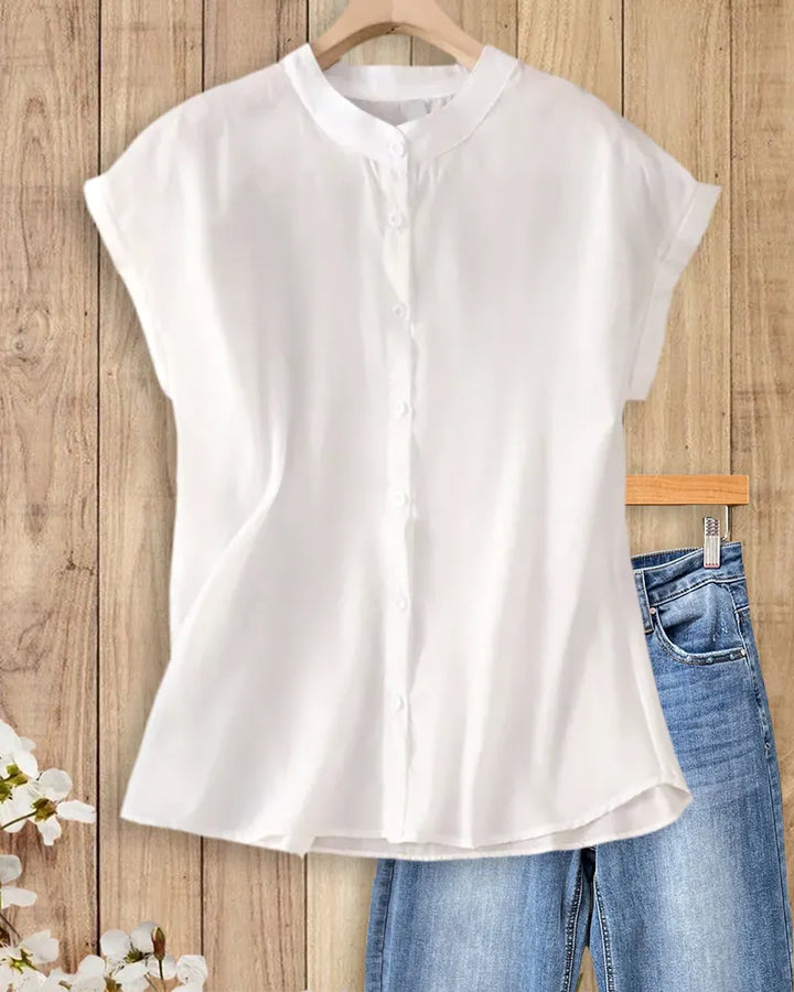 Stand Collar Button Front Cap Sleeve Relaxed Fit Casual Shirt