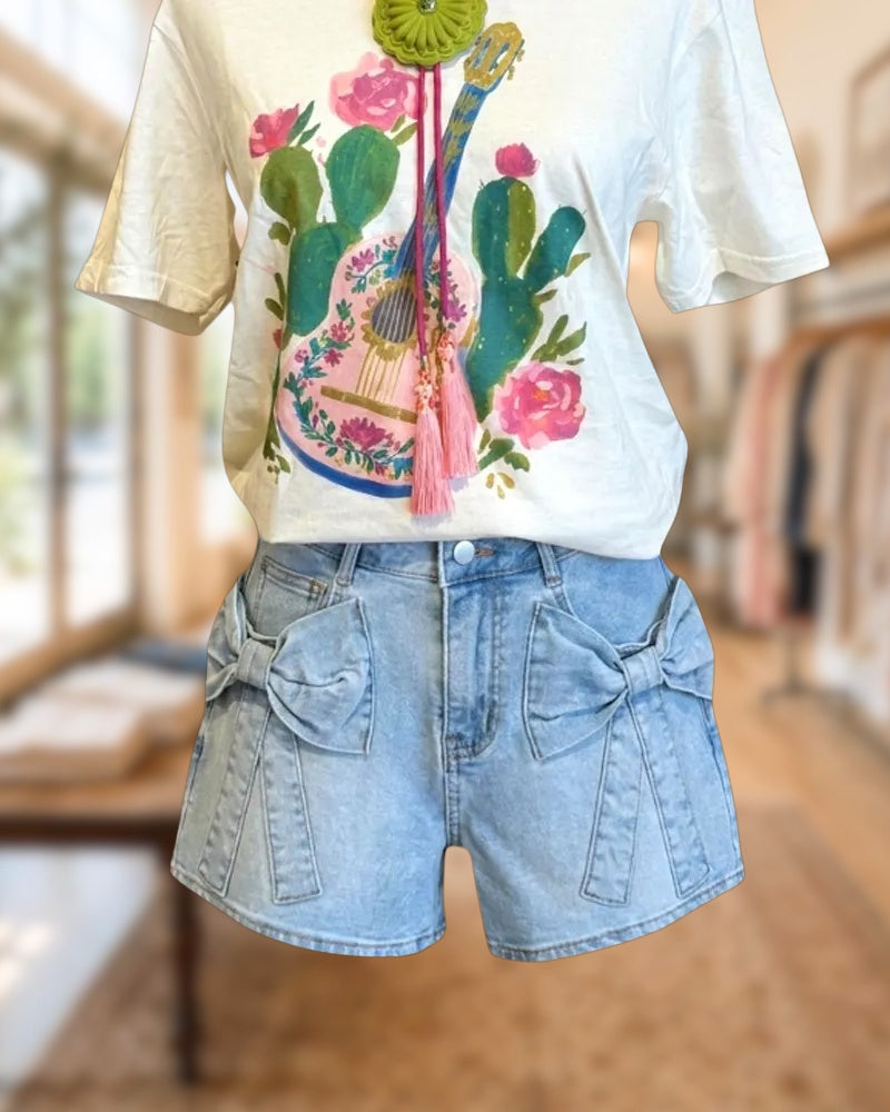 Graphic Print T-shirt and Bow Detail Denim Shorts Set
