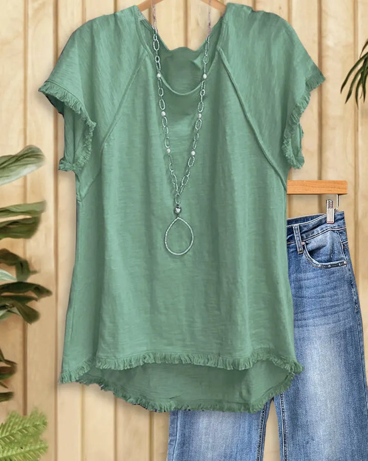 Plain Raglan Sleeve Simple Tassel Trim T-Shirt