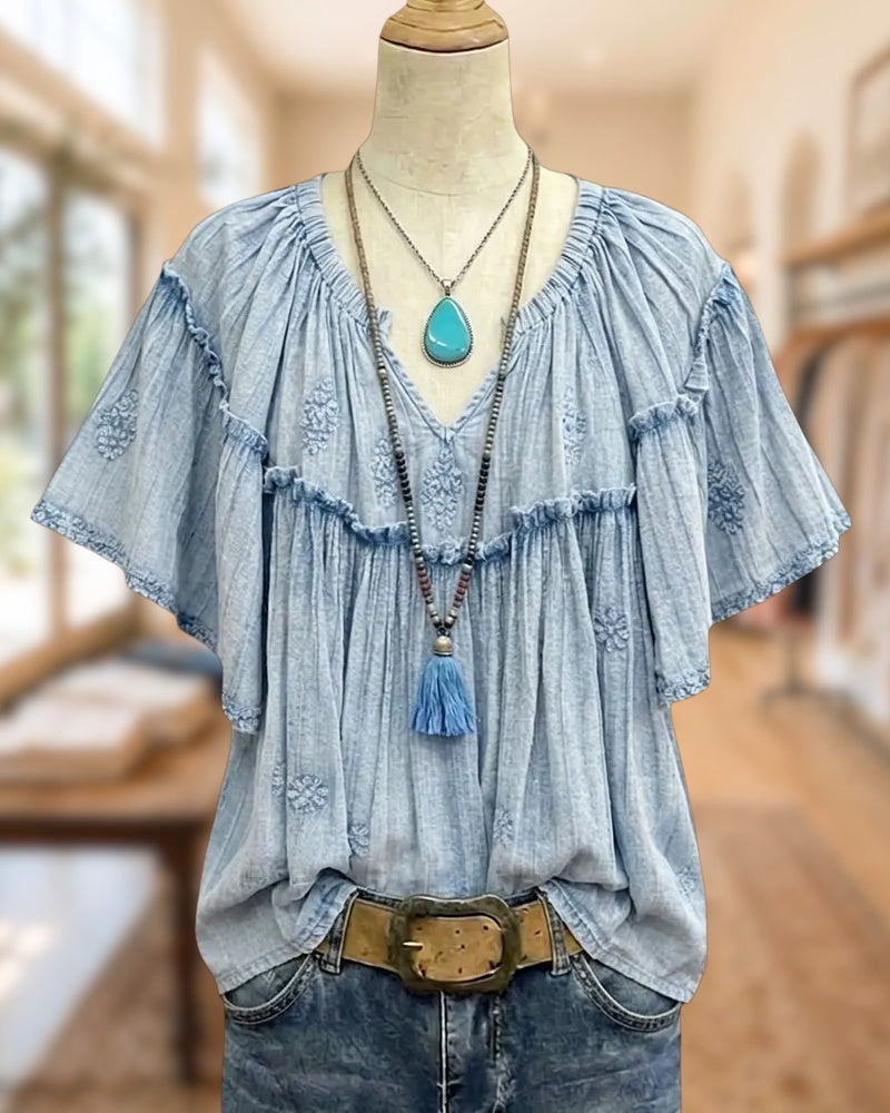 V Neck Ruffled Embroidered Flutter Sleeve Loose Casual Blouse