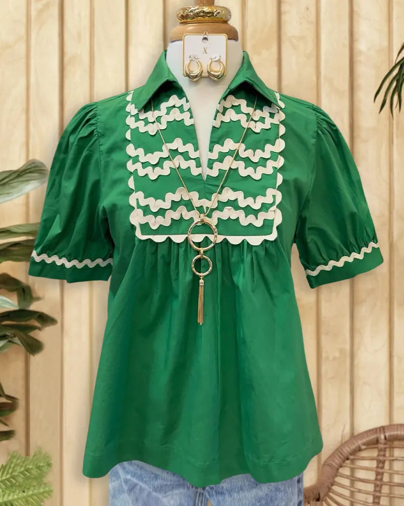 Hit Color Ricrac Decor V Neck Unique Blouse