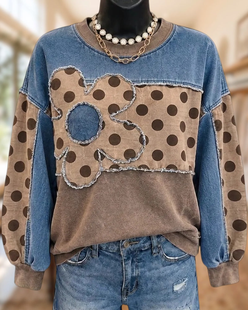 Polka Dot Patchwork Flower Applique Crew Neck Sweatshirt