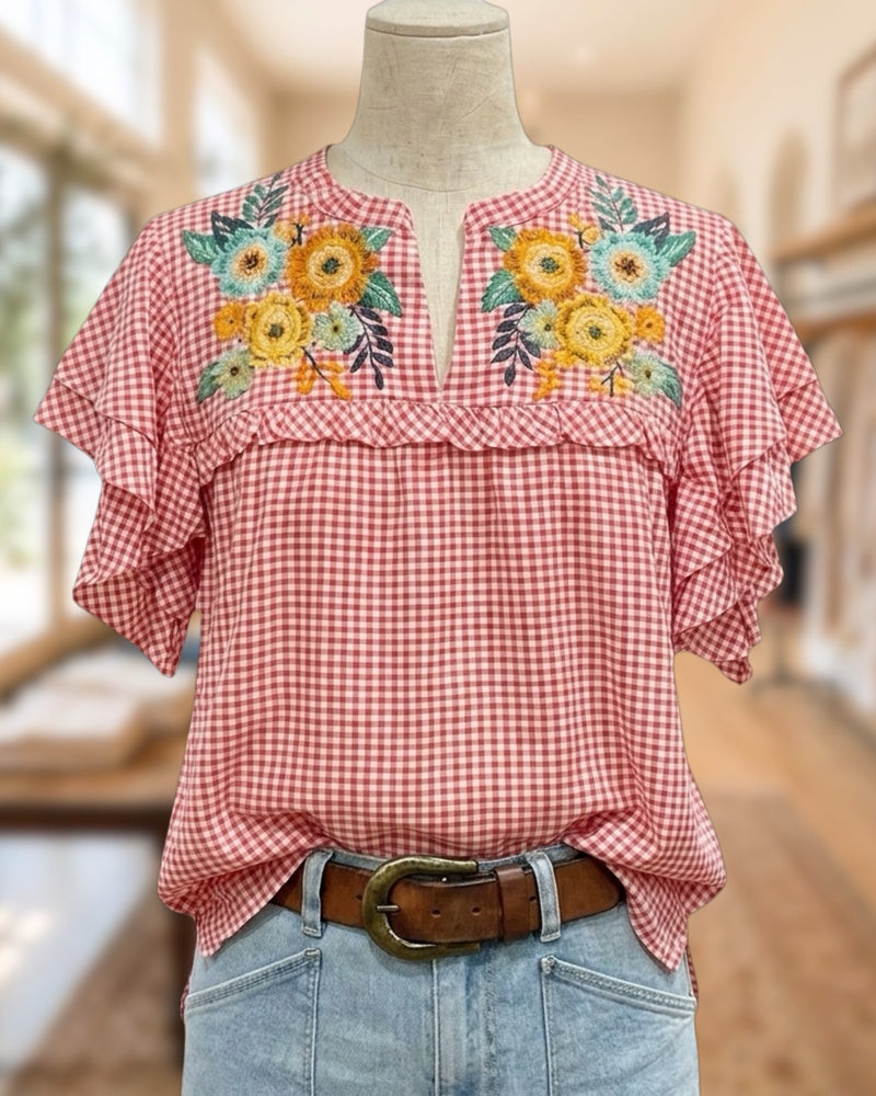 Gingham Floral Embroidery Ruffled Sleeve V Neck Loose Blouse