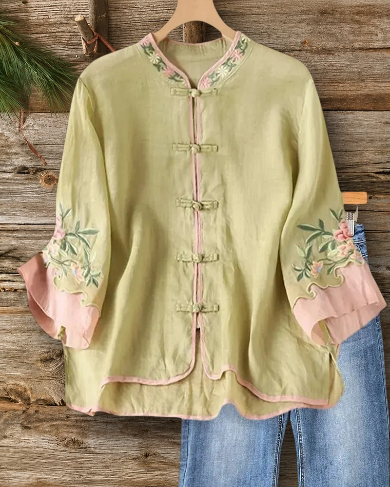 Mandarin Collar Frog Closure Embroidered Flare Cuff Blouse