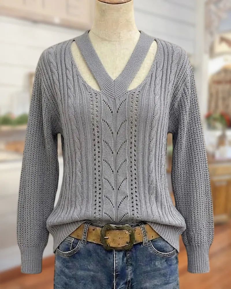 Cutout V Neck Cable Knit Long Sleeve Casual Sweater