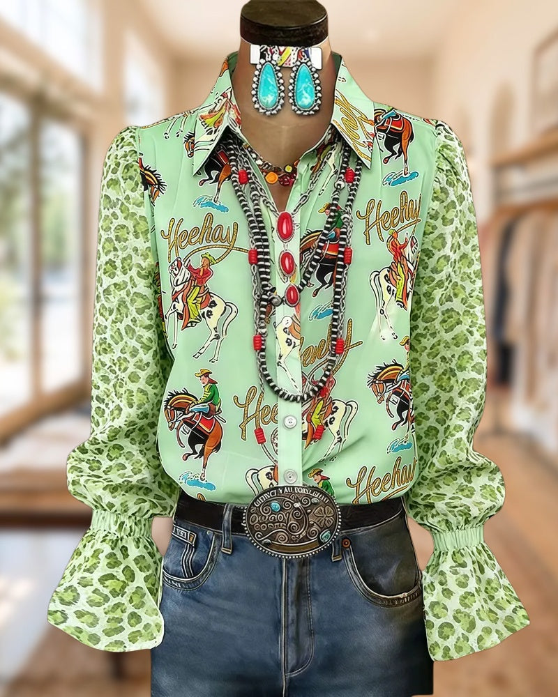 Leopard & Western-style Print On-trend Button Up Blouse