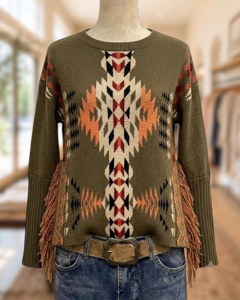 Aztec Print Fringe Detail Crew Neck Chic Knit Sweater