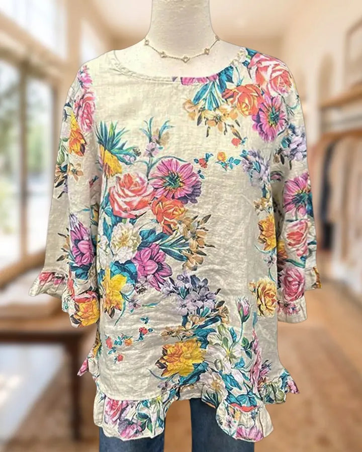 Floral Print Ruffles Trim 3/4 Sleeve Round Neck Flowy Blouse