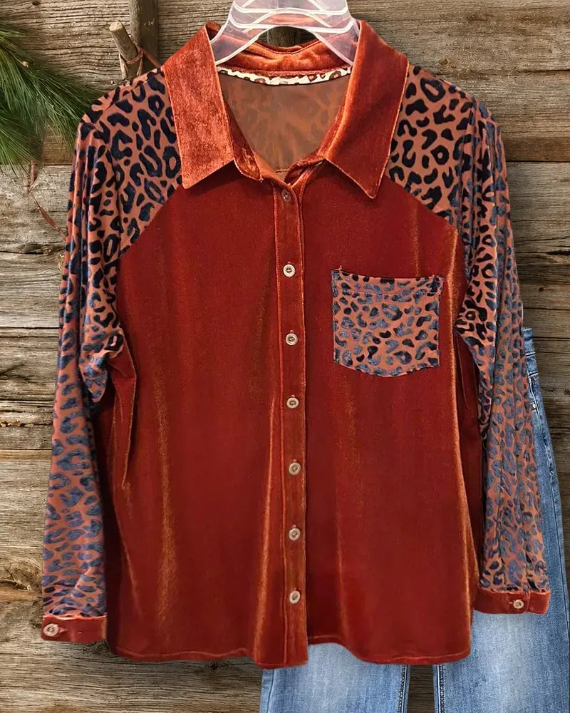 Leopard Print Patchwork Urban Button Down Velvet Shirt