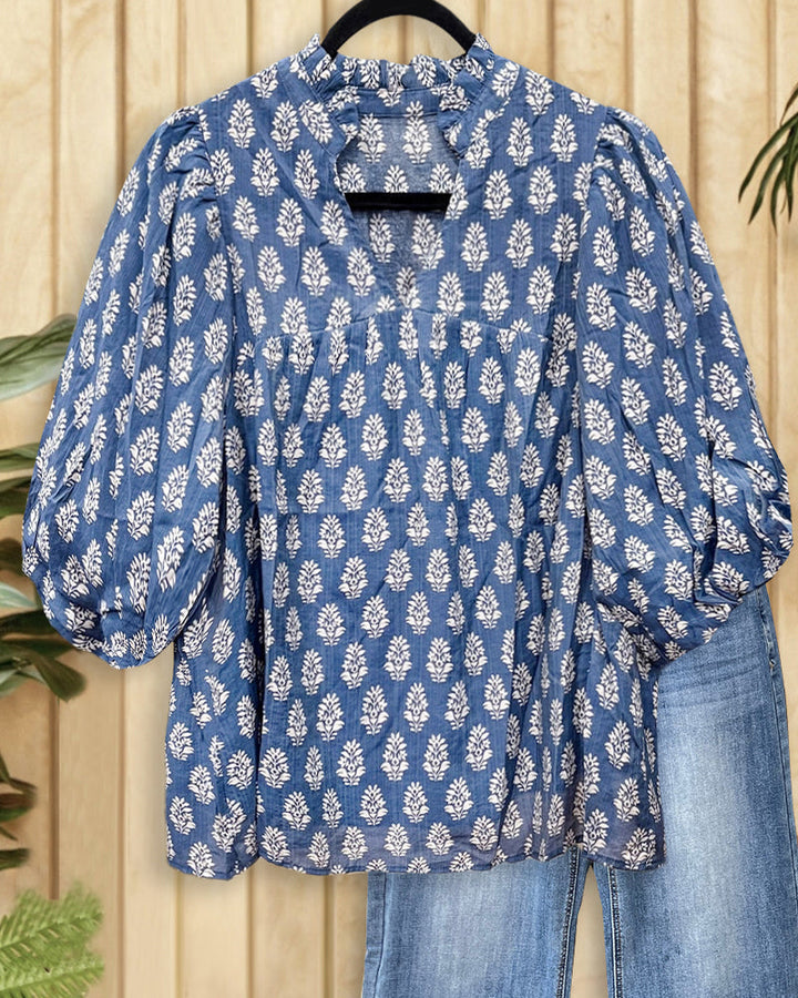 Floral Print V Neck Puff Sleeve Relaxed Blouse
