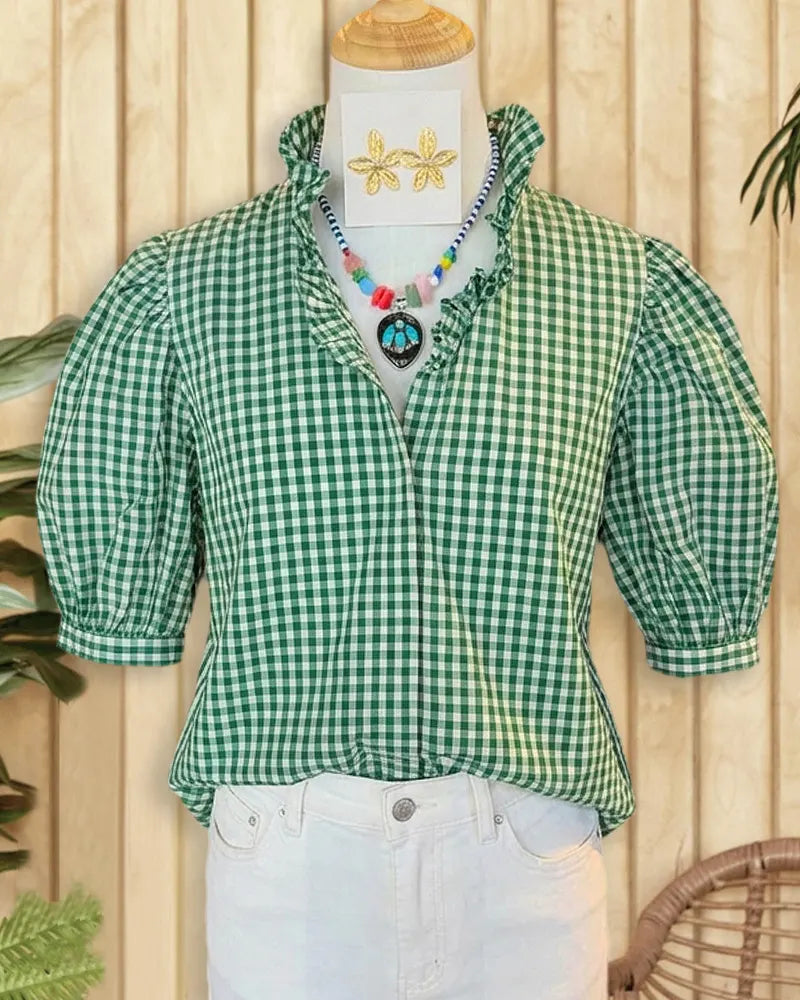 Gingham Puff Sleeve V Neck Commuting Blouse