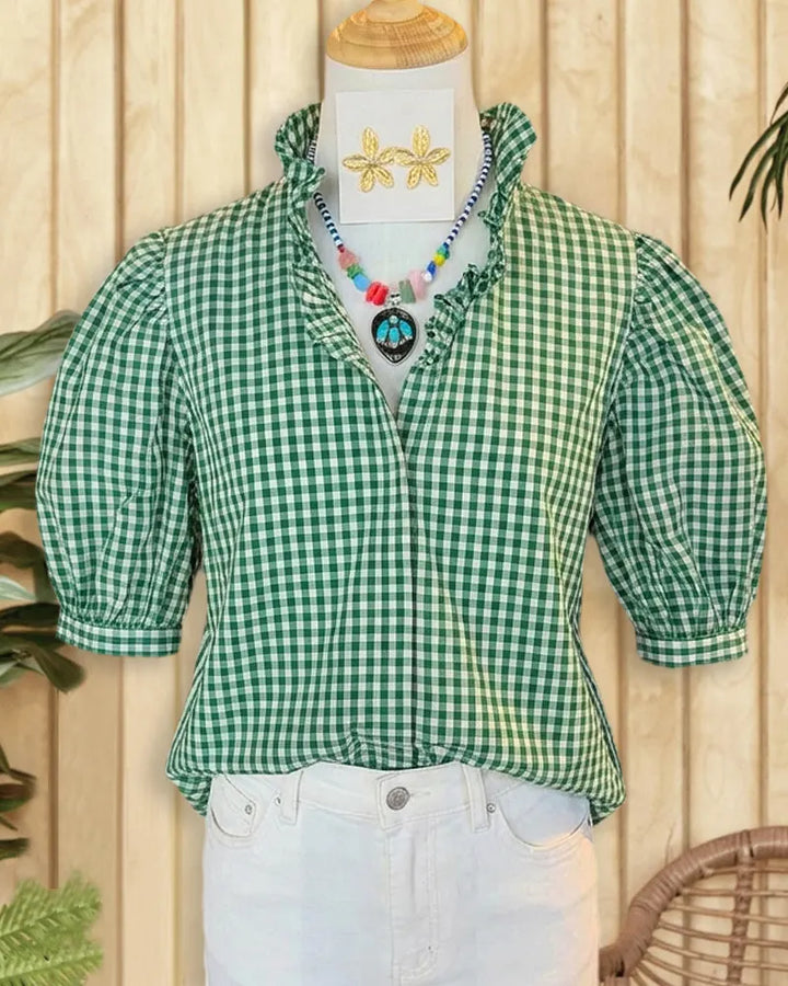 Gingham Puff Sleeve V Neck Commuting Blouse