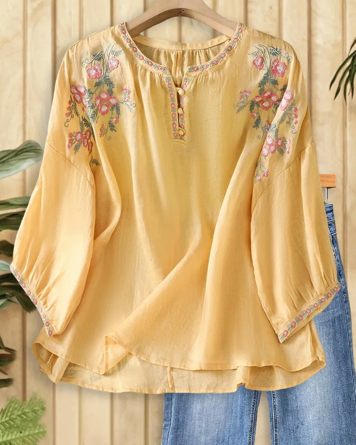 Floral Embroidered Button Placket Loose Casual 3/4 Sleeve Blouse