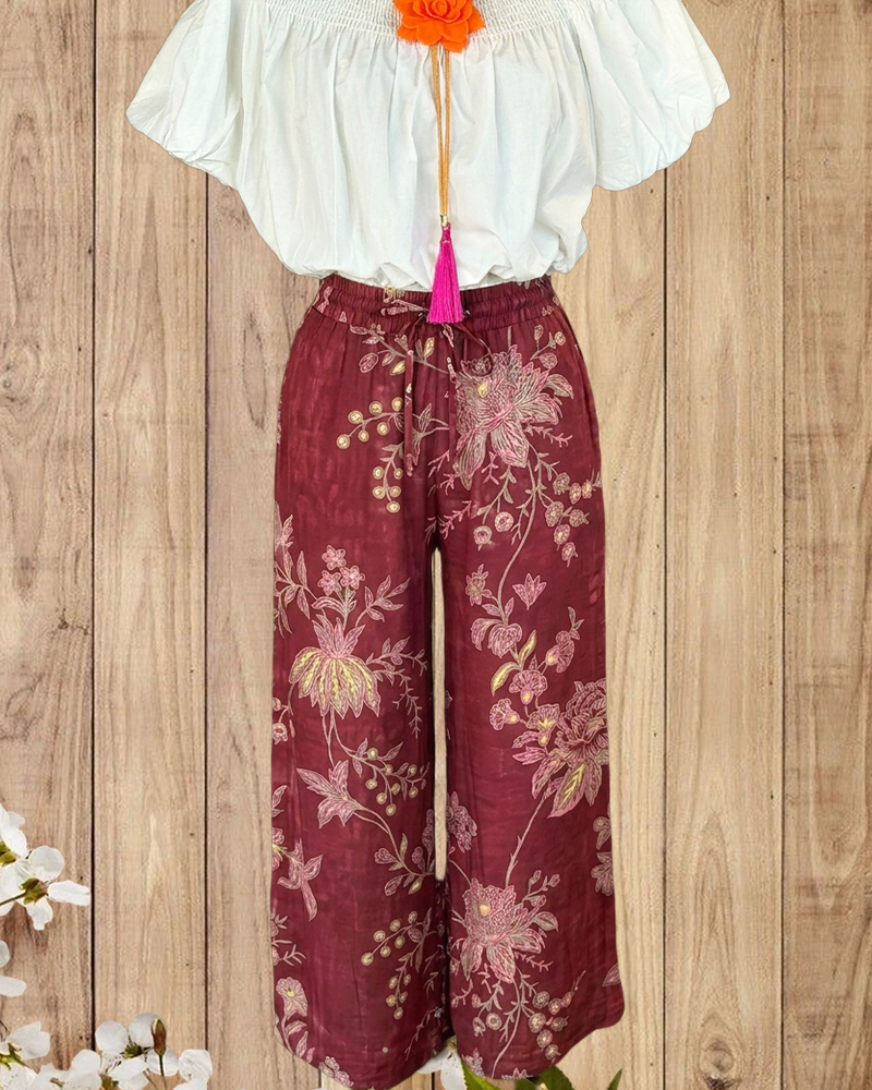 Floral Print Pastoral Casual Wear Wide Leg Pants