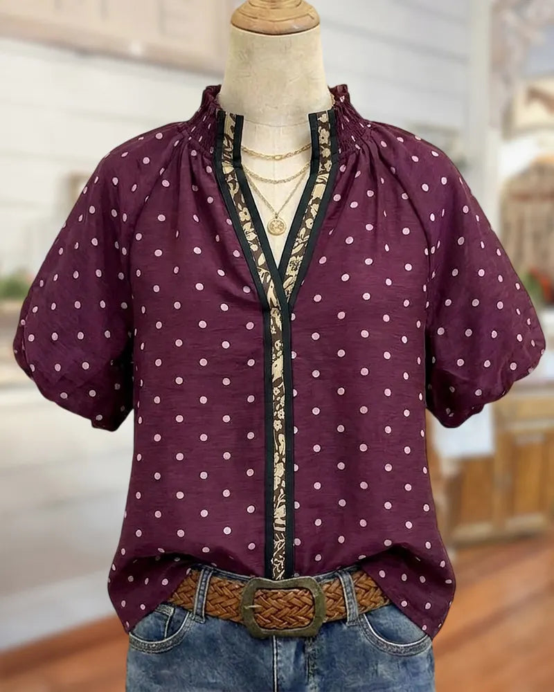Polka Dot Contrast Trim Puff Sleeve V Neck Blouse