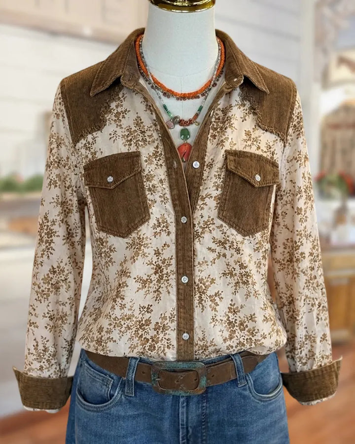 Floral Print Corduroy Contrast Button Front Chest Pocket Shirt