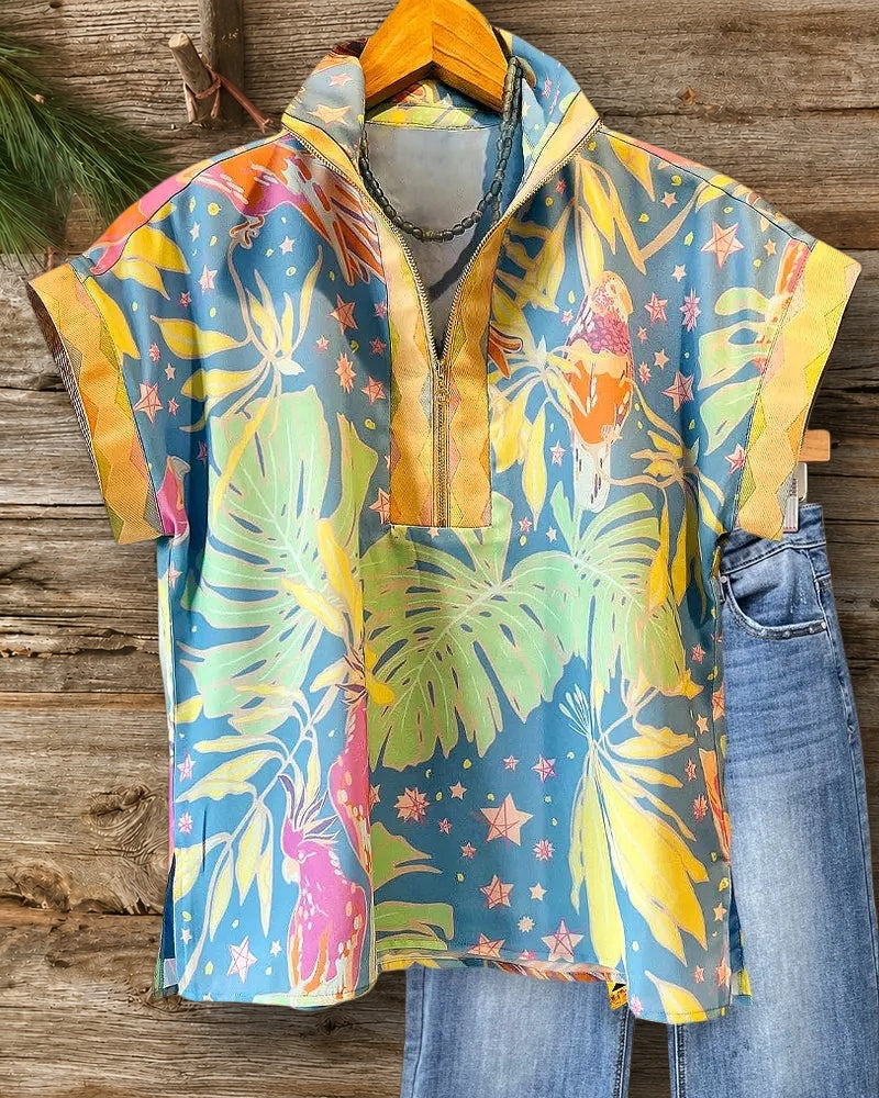 Patchwork Natural Print Stylish Side Slit Blouse