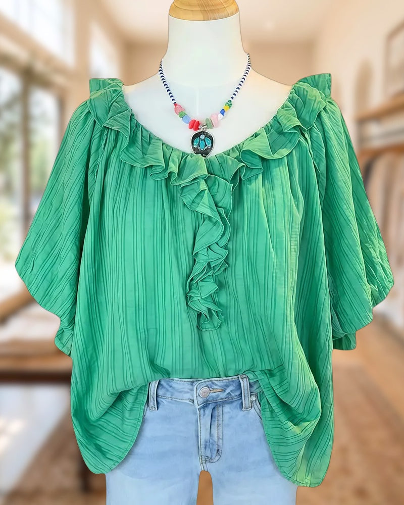 Ruffled Trim Scoop Neck Flowy Short Sleeve Blouse