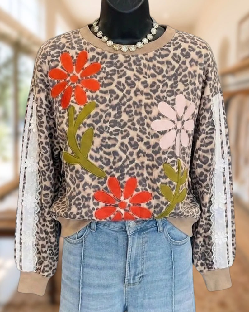Leopard Print Floral Applique Lace Trim Crew Neck Sweatshirt