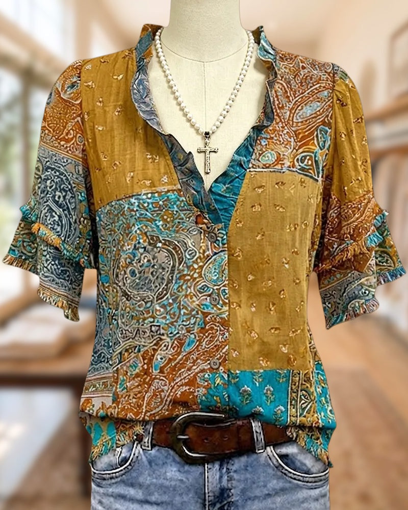 Paisley Patchwork Ruffled V Neck Button Front Tassels Trim Blouse