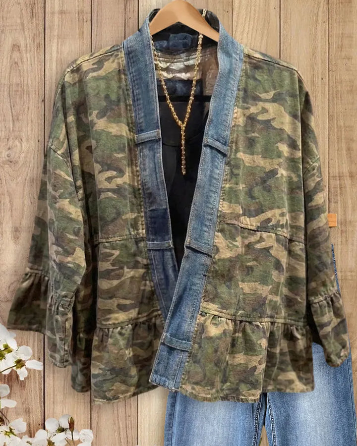 Camo Contrast Denim Trim Ruffled Open Front Casual Jacket
