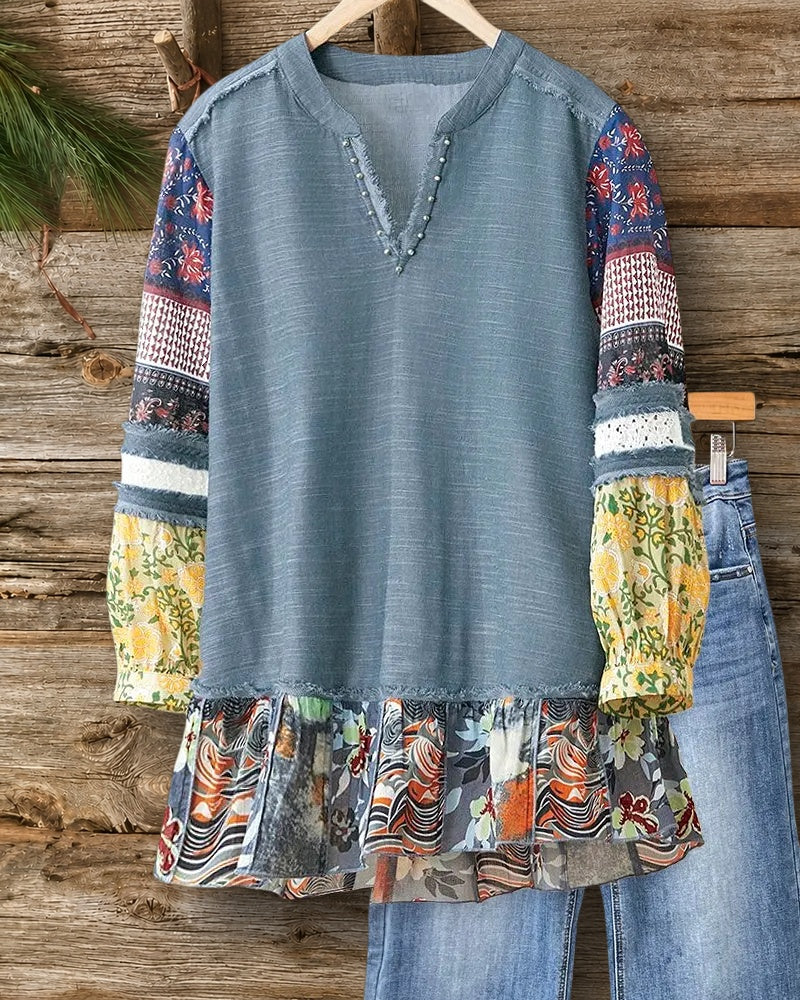 Floral Print Patchwork Boho Split Neck Ruffled Blouse