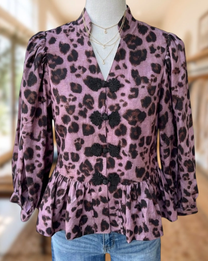 Frog Button V Neck Puff Sleeve Leopard Print Peplum Blouse