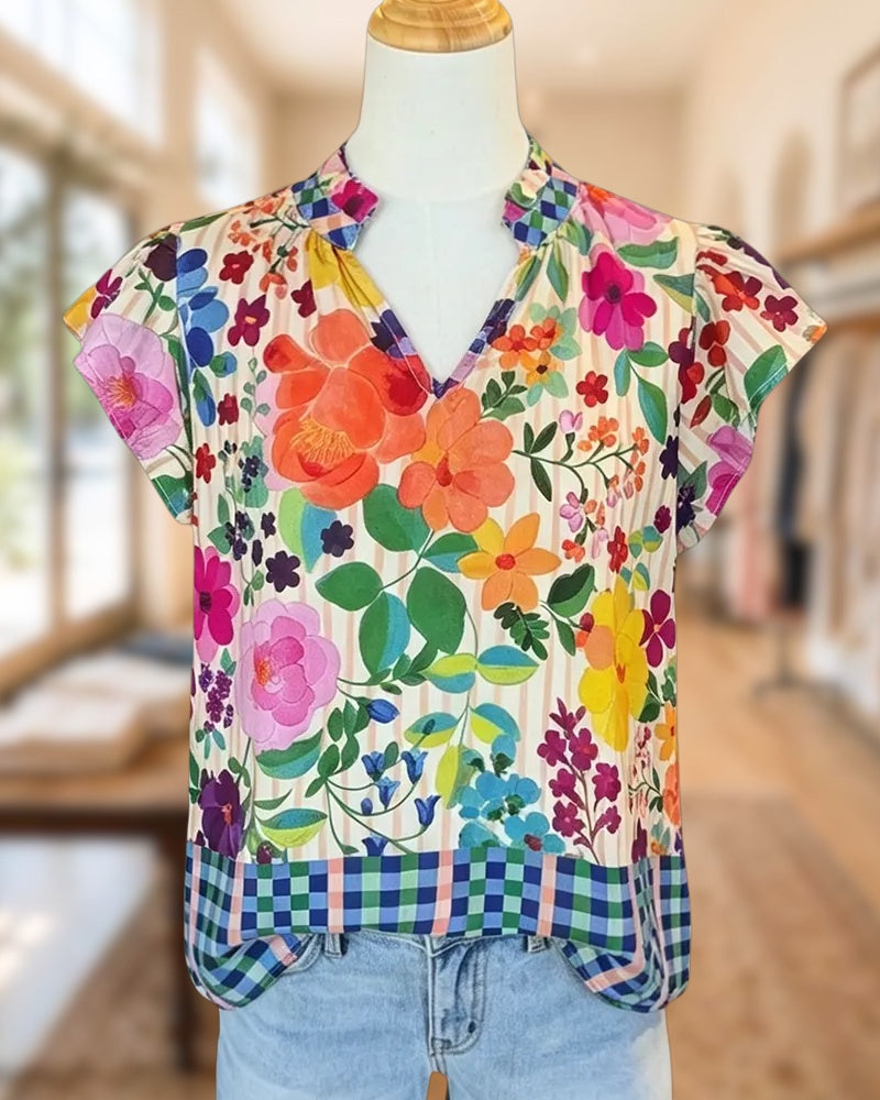 Mixed Print V Neck Flutter Sleeve Plaid Trim Casual Blouse