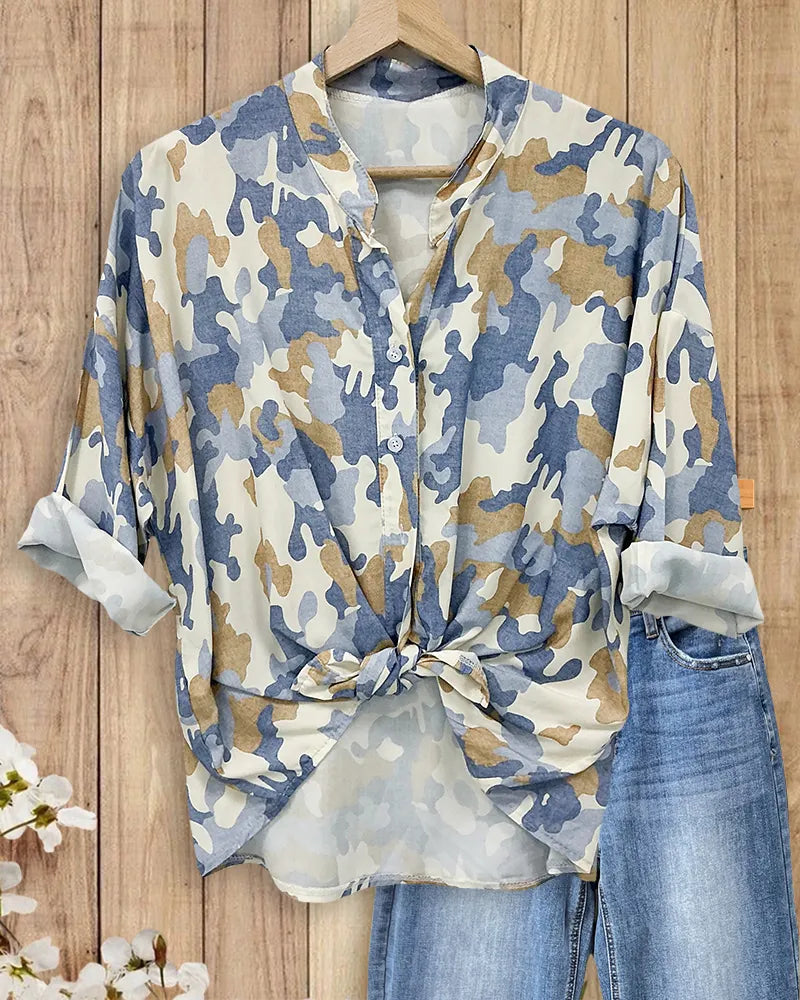 Camo Print V Neck Button Front Long Sleeve Commuting Blouse