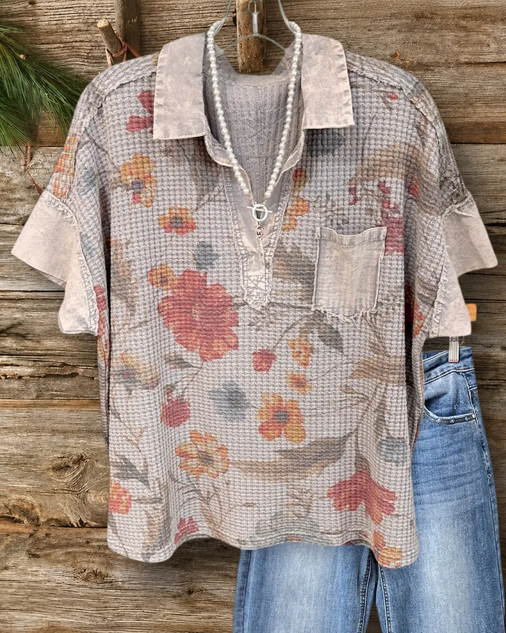 Collared Floral Print Waffle Knit Patch Pocket Short Sleeve Blouse