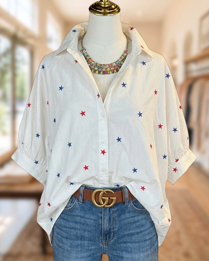 Collared Star Print Button Front Short Sleeve Casual Shirt
