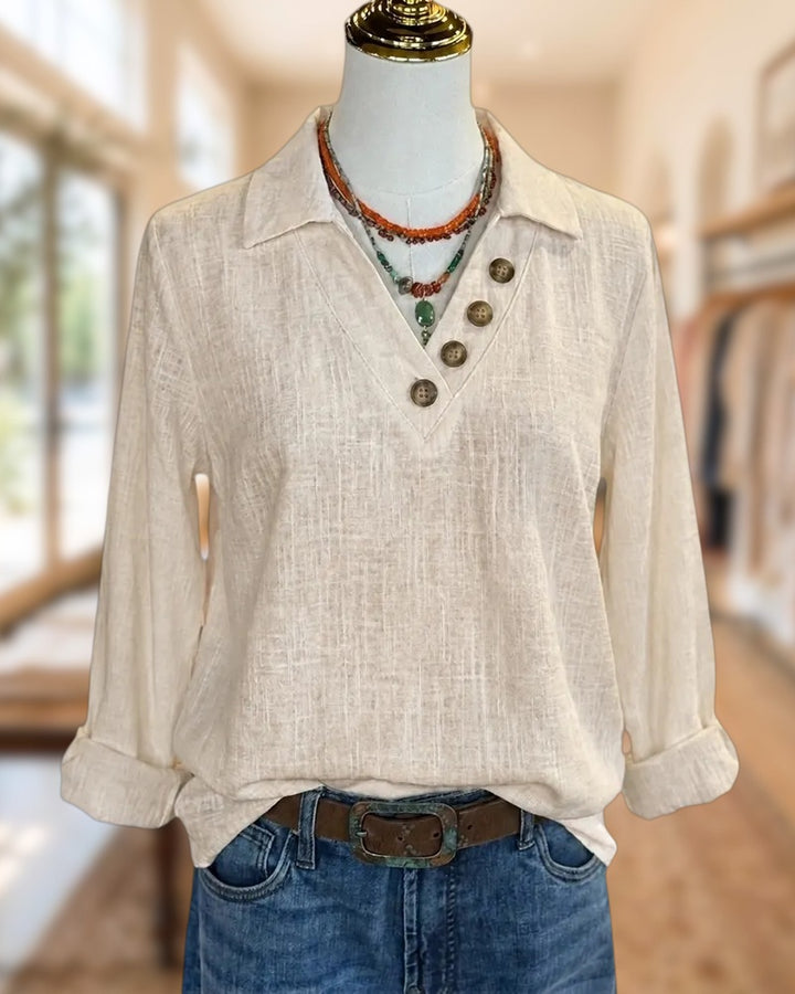 Collared V Neck Button Detail Long Sleeve Casual Blouse