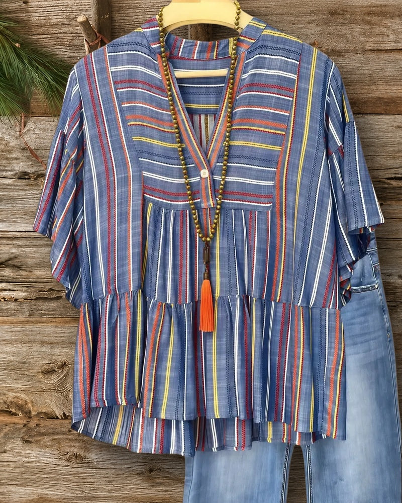 Striped V Neck Cute Ruffled Blouse