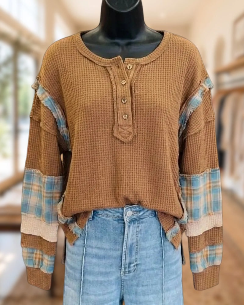 Waffle Knit Plaid Patchwork Henley Neck Long Sleeve Top