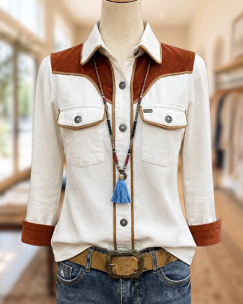 Contrast Panel Button Front Flap Pocket Casual Western Shirt