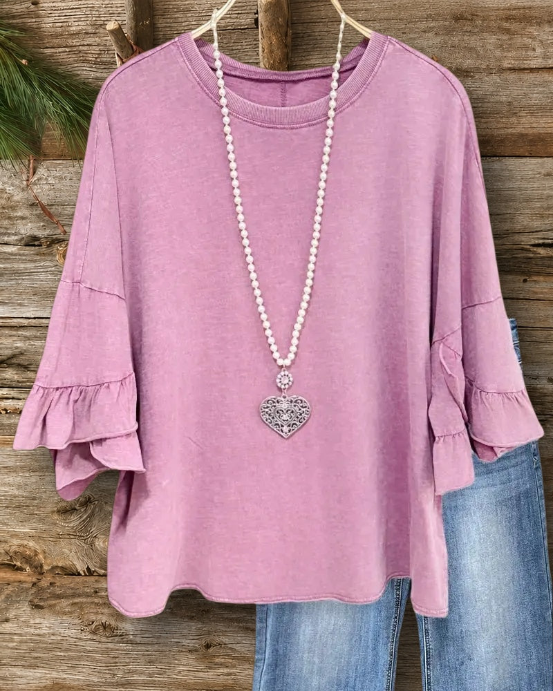 Solid Color Round Neck Ruffle Sleeve Rocking Blouse