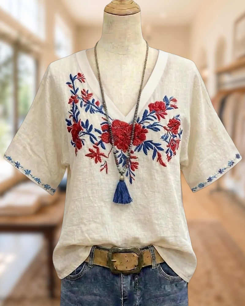 V Neck Floral Embroidered Short Sleeve Loose Casual Blouse