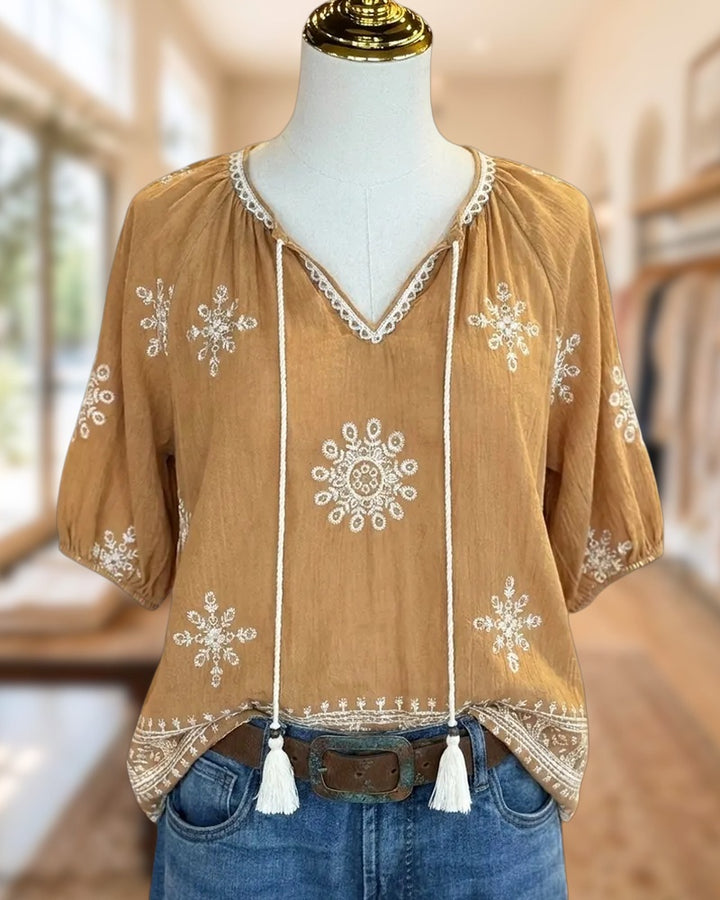 Tassel Tie V Neck Puff Sleeve Lace Trim Printed Blouse