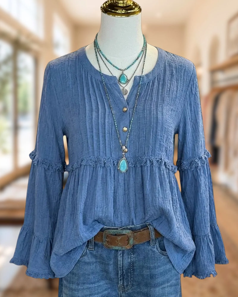 Ruffled Tiered Bell Sleeve Pleated Button Front Casual Blouse